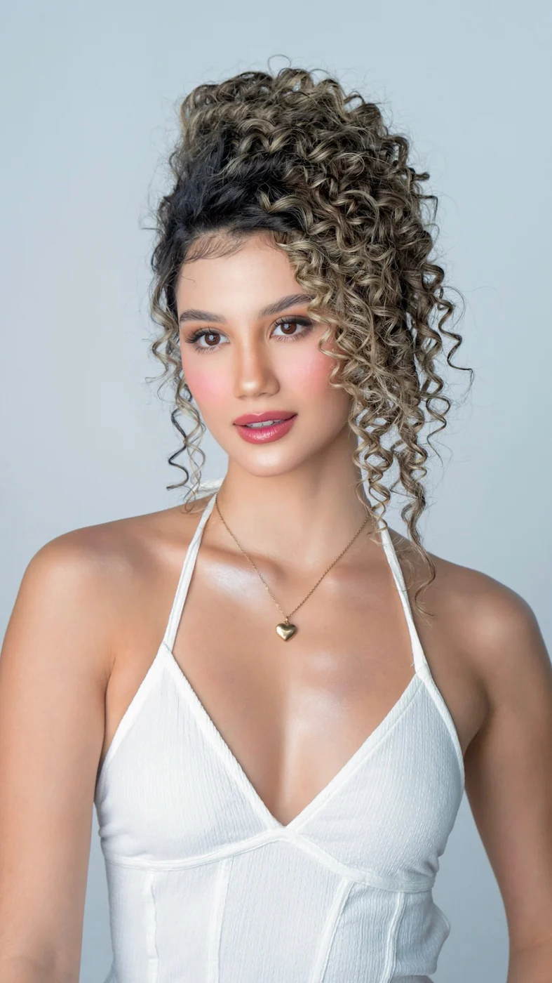 Portrait with a high curly updo, pink lips, golden jewelry and a white halter bodice